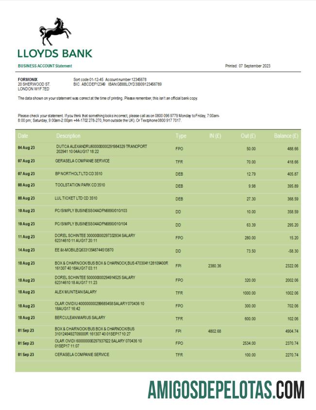 Impressível extrato de conta comercial do Lloyds Bank modelo Word e PDF